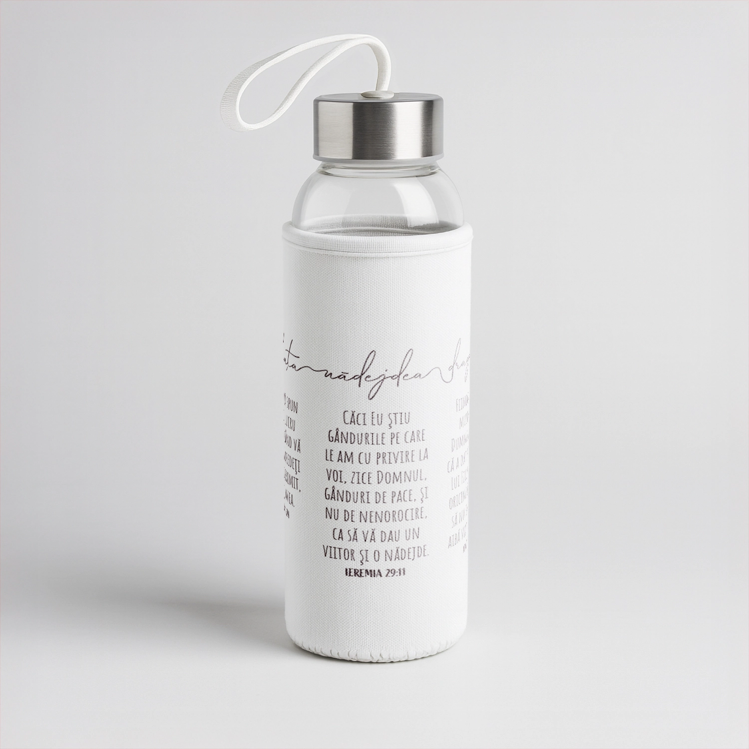 Bidon sticla cu husa textila, cu verset biblic - Credinta, nadejdea, dragostea